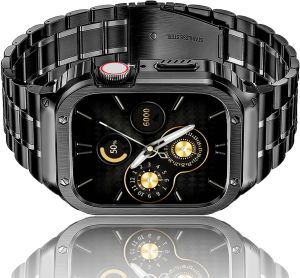 HASLFM Stainless Steel Band with Case Compatible with Watch Series 9 8 7(41mm) 6 5 4 SE3/2/1(40mm) Series 3 2 1(38mm)Metal Strap and Rugged Cover for iWatch Bands Cases Men Black