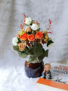 Chậu hoa hồng cao cấp 21 đầu bông để bàn VI104 (hoa lụa cao 21cm chậu sứ đường kính 9cm) hoa giả trang trí