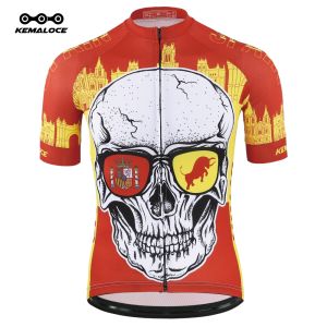 KEMALOCE Breathable Short Sleeve Cycling Jersey Summer USA Skull Team Road Blue Bike Jersey Apparel Men Polyester Fabric Outdoor Stylish Red Bicycle Shirts