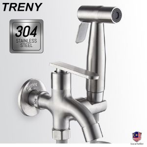 TRENY SUS304 Stainless Steel Two Way Tap Bathroom Faucet with Bidet Spray Holder and Flexible Hose Mop Sink Faucet Bathroom Toilet Hand Shower Spray Bidet Set Water Tap 3-piece set