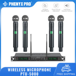 Phenyx Pro PTU-5000A Wireless Microphone System Professional 4-Channel UHF Wireless Mic Fixed Frequency Metal Cordless Mic with 4 Handheld Dynamic Microphones 260FT Range Microphone for Singing Church Stage Live Show Wedding