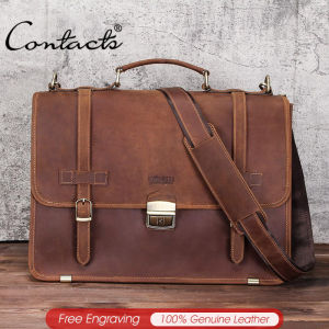 CONTACTS Crazy Horse Leather Mens Bag Briefcase Men Business Bag High Quality Leather Shoulder Messenger Bags  for 14" Laptop Bag
