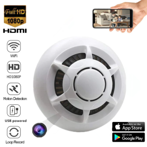 High definition 1080P wireless network camera smoke alarm design home hotel Ceilling mini WiFi camera home security monitoring remote monitoring battery and USB power supply