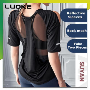 Luoke tshirt Casual sports girl yoga fitness top breathable mesh splicing fashion fake two-piece sports wear women