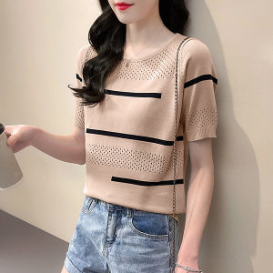 LUCKIN STORE 2025 New Summer Casual Stripe Blouses Womens Knit Sweater T-shirt Womens Top Plus Size