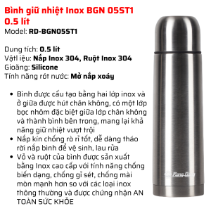 (Rạng Đông) Bình giữ nhiệt 0.5 Lít Inox 304 tốt cho sức khoẻ bền bỉ ở mọi nơi BGN05ST1-BGN05ST2