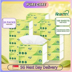 【Pure Care】 【20Packs/Box】心相印Hearttex 3-Ply Facial Tissue 100 Sheets Soft Fragrance-Free Box Tissue Virgin Wood Pulp