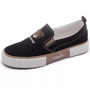 Sepatu Selop Slip On Korea Wanita Casual Shoes Beruang Why Teddy Bear Lucu Tanpa Tali Hitam Putih Kanvas Premium Quality Terbaru Kekinian