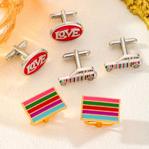 1Pair Classic Personalized Colorful Striped Design Cufflinks Car Square Oval Multi Style French Cuff Links Suit Accessories