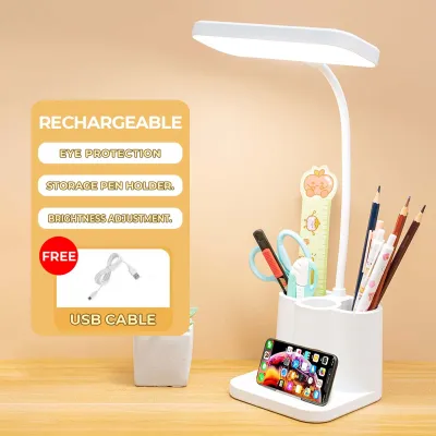 USB Rechargeable Lamp Shade LED Desk Lamp With Pen Holder Study Light For Bedroom Dim Reading Lamp