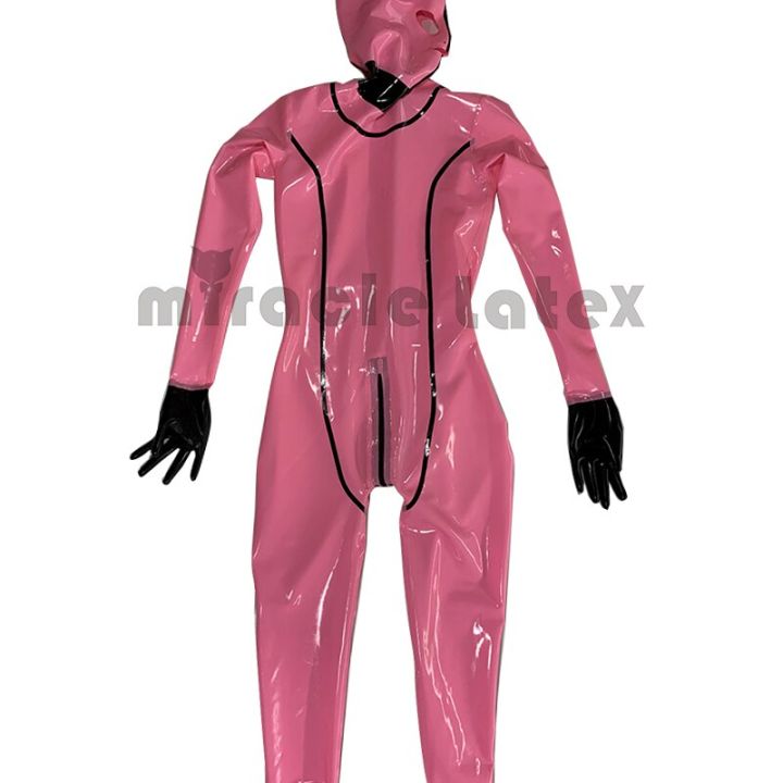 100%Latex Rubber Black Sexy Bodysuit Hood Tights Full-body Catsuit