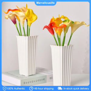 White Plastic Flowerpot Plastic Vertical Stripes Design Plant Pot Flower Vase Desktop Decor Ornament