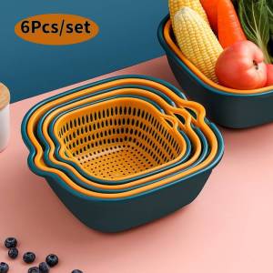 6pcs/set Double-layer Drain Basket Kitchen Washing Basket Fruit Shelf