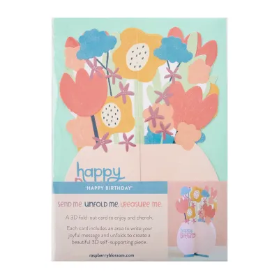 Raspberry Blossom Treasures: 3D fold-out Happy Birthday Card - Vase of Flowers