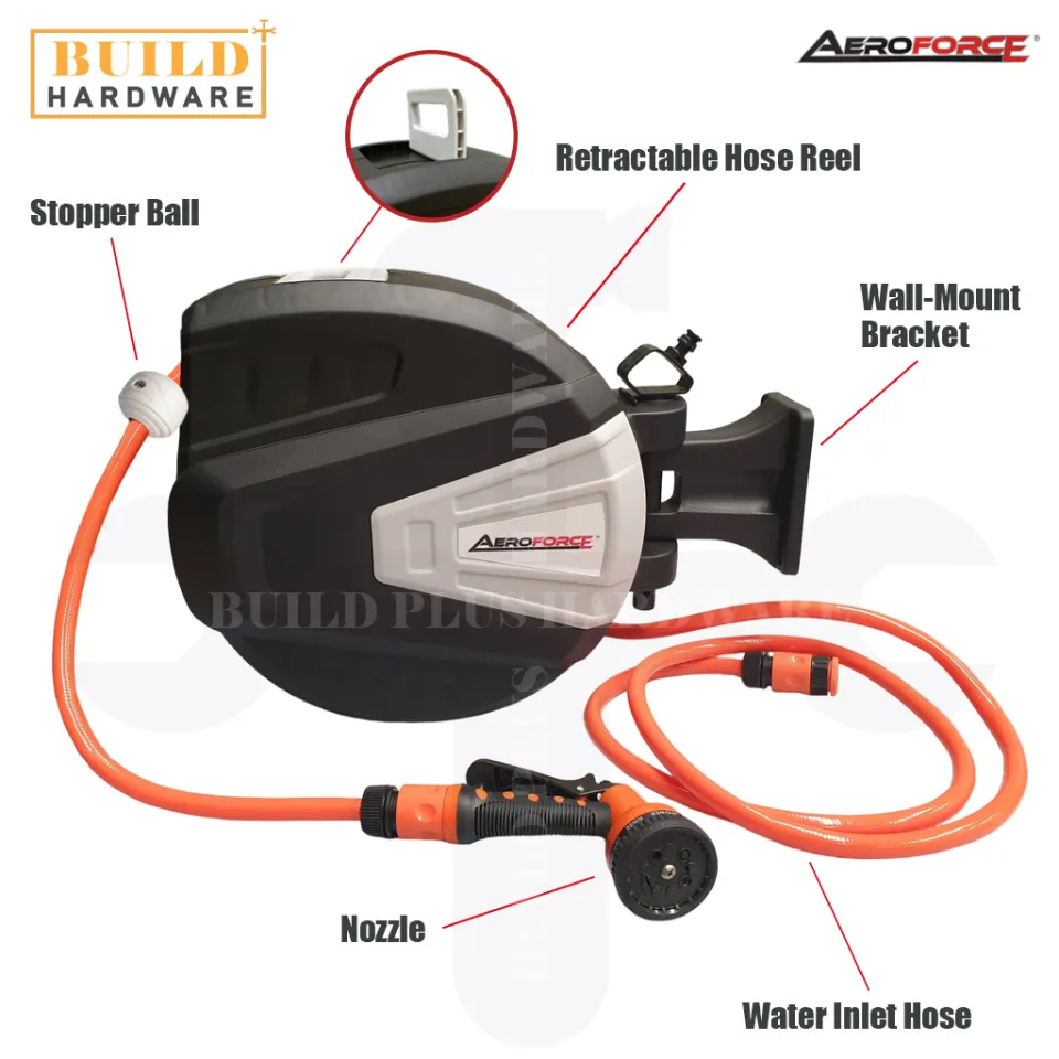 AEROFORCE 20M Garden Hose Wall Mount Reel Auto Rewind Retractable Water  Hose Reel Complete with Hose & Fitting Nozzle 自动回收水喉连架 Hos Air Kekili