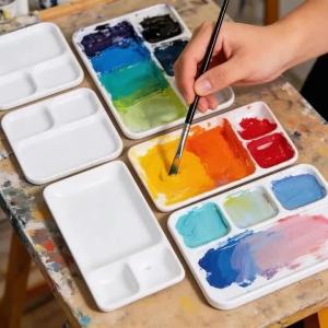 Multi-Grid Watercolor Palette Imitation Ceramic Lightweight Easy Clean Paint Tray for Acrylic Gouache Painting Art Supplies