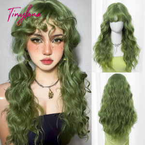 Tóc giả tổng hợp dài xoăn Xanh lá cây sóng với tóc mái cho phụ nữ Giáng sinh cỏ Xanh lá cây Cosplay Tóc giả hàng ngày Tóc tự nhiên chịu nhiệt2026