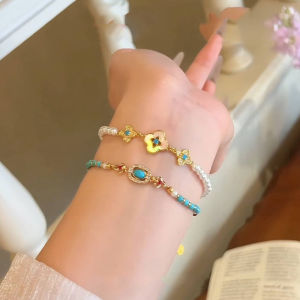Beaded bracelet paired with metal flower bracelet - versatile stylish jewelry for women天然绿松石珍珠串珠女配饰轻奢高级感新中式国风新款锁骨颈链