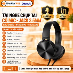 Tai nghe chụp tai có míc hỗ trợ học online và chơi game dây 3.5mm chống đứt dùng cho tất cả các thiết bị ( SIÊU BỀN )