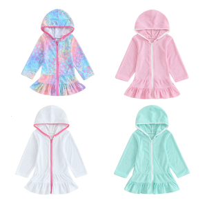 Hooded Long Sleeved Swim Cover Up for Girls Comfortable Polyester Fabric Beach Dress for Beach and Pool Use