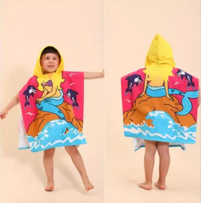 Childrens hooded poncho bath towel bathrobe cartoon beach towel microfiber bath towel swimming wearable bath towel quick dry SIZE: 80cmx60cm