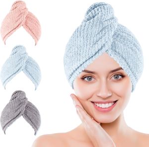 Microfiber Hair Towel Wrap 3 Pack (Gray) Soft Hair Drying Towel    Quick Dry Anti-Frizz for Thick Long Curly Wavy Coily Hair Drying Towel for Women with button