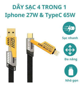 Cáp Sạc 4 Đầu Đa Năng Sạc Tối Đa 65W Dây Bọc Dù Đầu Cáp Kim Loại Sạc Các Dòng