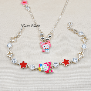 FLORA 0611D - Set bạc ta dây chuyền lắc tay hình Kuromi màu đen hồng tím dành cho bé gái