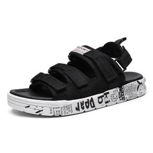 Sandals Mens 2024 Summer New Student Social Leisure Versatile Magic Tag Buckle Black Antiskid Beach Shoes