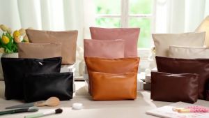 Kigeli 2 Pcs Small Makeup Bag Set for Purse PU Leather Cosmetic Bag Makeup Travel Toiletry Pouch Aesthetic Preppy Organizer Storage Pouch Gift for Teacher Mother Day Women(Beige)