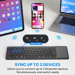 Tri-fold Bluetooth Keyboard with Touchpad Rechargeable Portable Long-lasting Charging Travel Keyboard Bluetooth Sync Up To 3 Devices for Windows IOS Android Tablet Laptop Black