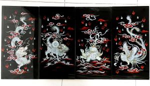 Bộ Tranh sơn mài Thanh Bình Lê 4 tấm LONG LÂN QUY PHỤNG khảm cừ cao cấp hàng xuất khẩu