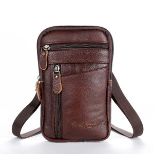 Fashion New Genuine Leather Mobile Phone Holder Pocket Cowhide Small Waist Packs for Men Belt Mens Shoulder Chest Slim Bag