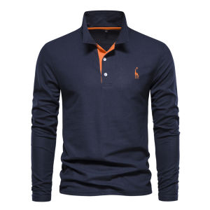 AIOPESON 2026 New Mens Deer Embroidery Polo Shirts Solid Color Long Sleeve Social Business Male