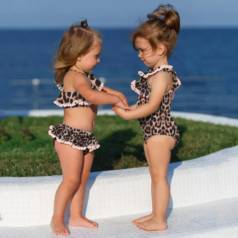 Two Leopard Print Shoulder Toddler Kids Bikini Suit Baby Bathing