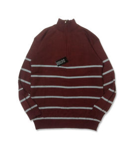 RH - Sweater Baju Rajut pria resleting zipper kerah tinggi turtleneck motif garis setrip belang kecil tangan panjang knitwear terbaru