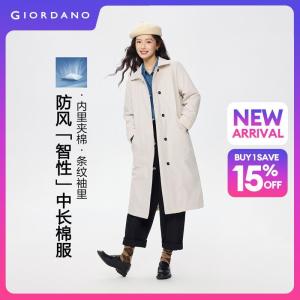 Giordano Women Stripe-lined cuff mid-length quilted lining coat Free Shipping 05375717