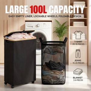 110L Laundry Basket with Wheels Laundry Hamper with Lid and Inner Bag for Laundry Room Storage