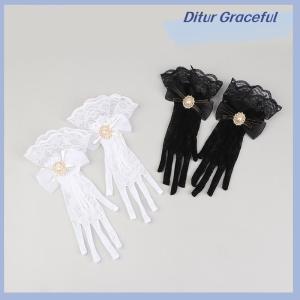 Ditur Girl Lolita Mesh Bow Flower Lace Gloves Black White Lace Gloves lolita Lace Sleeves Cosplay Jewelry