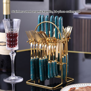 JustLiving 24pieces/set Ceramic Porcelain Handle Stainless Steel Cutlery Set with Organizer Hanger Stand–European Style Kitchen Dining Spoon Tea Spoon Fork Dinnerware Tableware