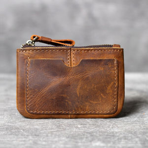 Retro Crazy Horse Genuine Leather Mens Short Purse Small Wallet Slim Handmade Zipper Drivers license Key Coin Holders Pocket Pouches