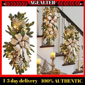 【In Stock+HIgh Quality】 Christmas Door Swag Red Berries Color Balls Bowknot Pinecone Realistic Scene Layout Plastic Xmas Stair Wreath Garland Pendant for Party
