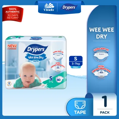 Drypers Wee Wee Dry Baby Tape Diapers NB60/ S80/ M60/ L58/ XL50/ XXL40 (1 Pack) - Super Dry Soft & Fit