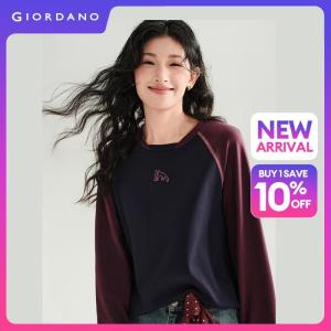 GIORDANO Women T-Shirts Cat Embroidery Relaxed Tee Crewneck Contrast Raglan Sleeve Fashionable Casual T-Shirts 18326529