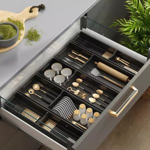 Space aluminum Kitchen organizer Expandable Cutlery Drawer Organizer Tray Flatware Drawer Tray for Silverware Serving Utensils Multi-Purpose Storage for Kitchen Office Bathroom Supplies customizable
