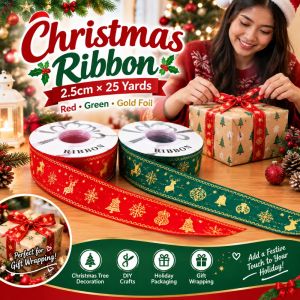 Christmas Ribbon 2.5cm x 25 Yards Red Green Gold Foil Gift Wrapping Ribbon Christmas Tree Decoration DIY Craft Holiday Gift Packaging