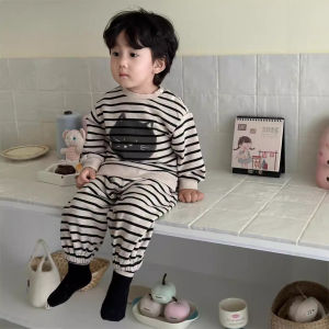 Childrens Outfit for Autumn Baby Outing Clothes Spring and Autumn Korean Style Childrens Clothing Boys Striped Cat Outfit Autumn Apparel