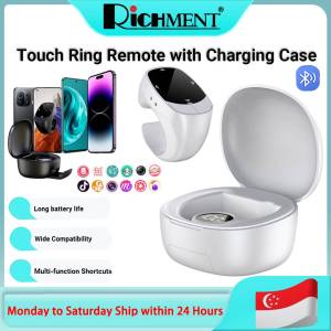 RICHMENT Bluetooth 5.3 Smart Touch Ring Remote Control with Charging Case Multi-Function Page Turner and Mouse Controller for Short Video E-Book Selfie Music and Camera – 10m Range Hidden Stand Long Battery Life