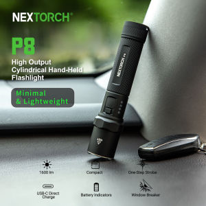 NEXTORCH P8 Rechargeable Flashlight High Lumens 1600 Lumens LED Police Flashlight with 5 Modes & Strobe & Ceramic Glass Breaker for Daily Use Night Duty Dog Walking Outdoor Adventure