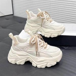 รองเท้าผ้าใบส้นหนา แฟชั่นที่เรียบง่ายและการพักผ่อน รองเท้าผ้าใบผู้หญิง สีเขียว/สีเบจ 2สี เสริมส้น5ซม ไซส์35-44